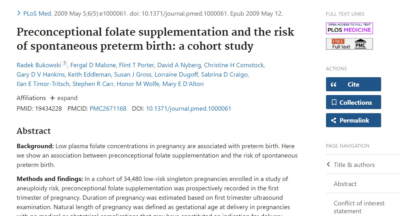 Ne defectibus Neural Tube? Cohortis Study of 34,000 Praegnantes: Supplementum I Annum in Promovetur Spontanea Preterm Birth Risk by L%